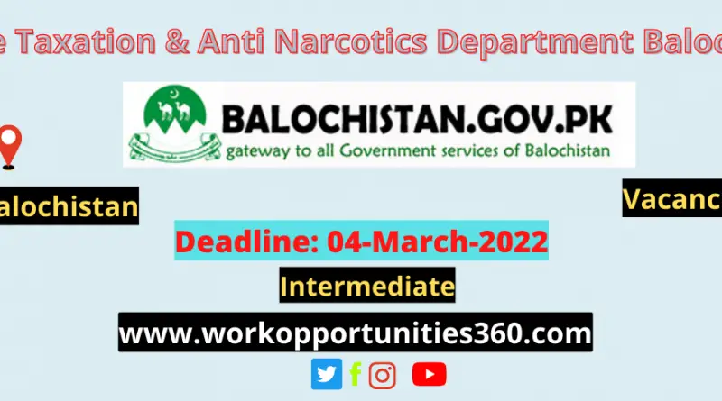 Excise Taxation & Anti Narcotics Department Balochistan Latest Jobs 2022