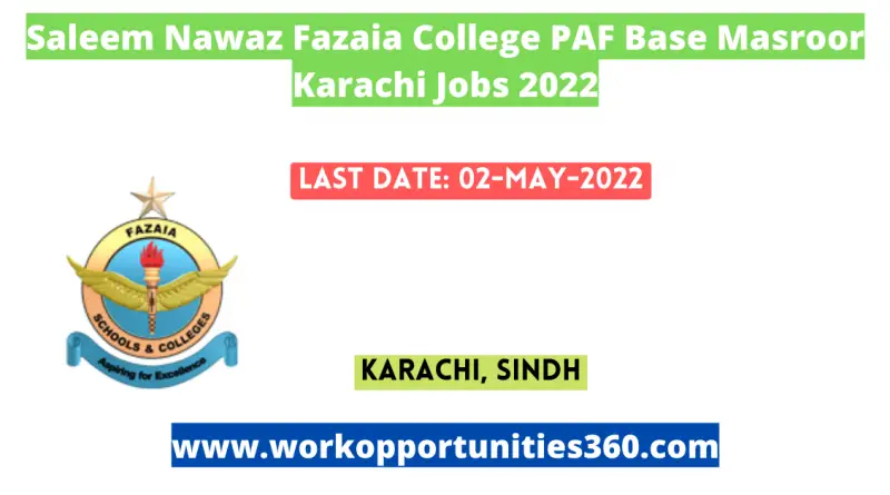 Saleem Nawaz Fazaia College PAF Base Masroor Karachi Jobs 2022